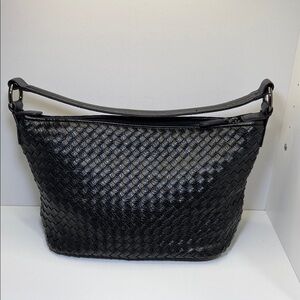 Black Woven Shoulder Bag with Smooth Strap